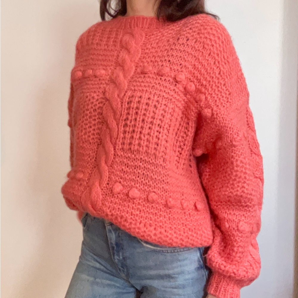 Cozy & Chic Handknit Sweater in Vibrant Peachy Pink – Size S-L